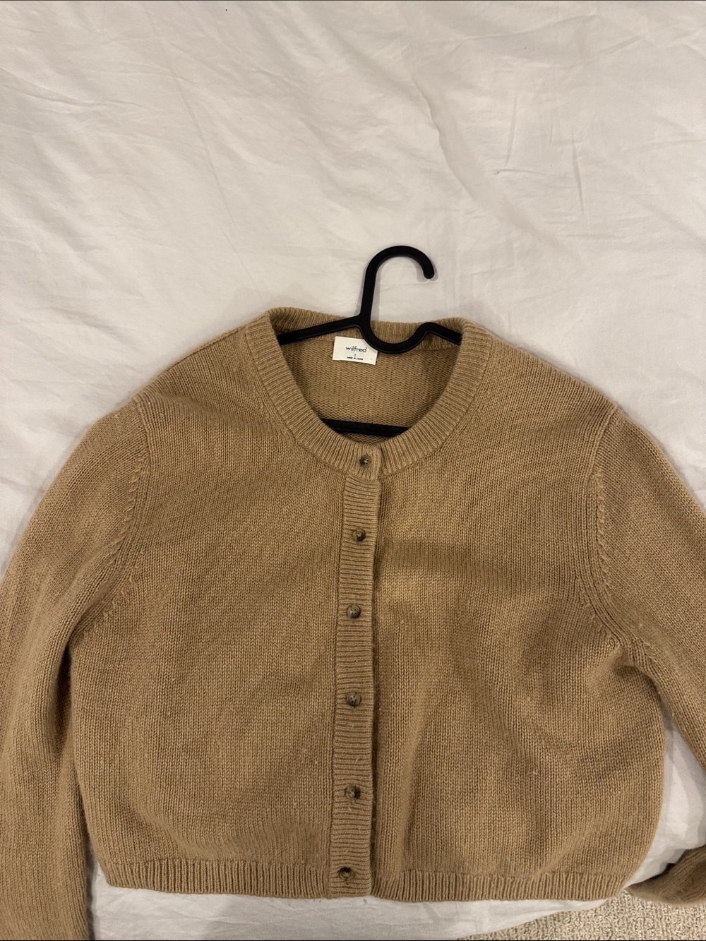 Aritzia Camel Button-Front Crewneck Cardigan
